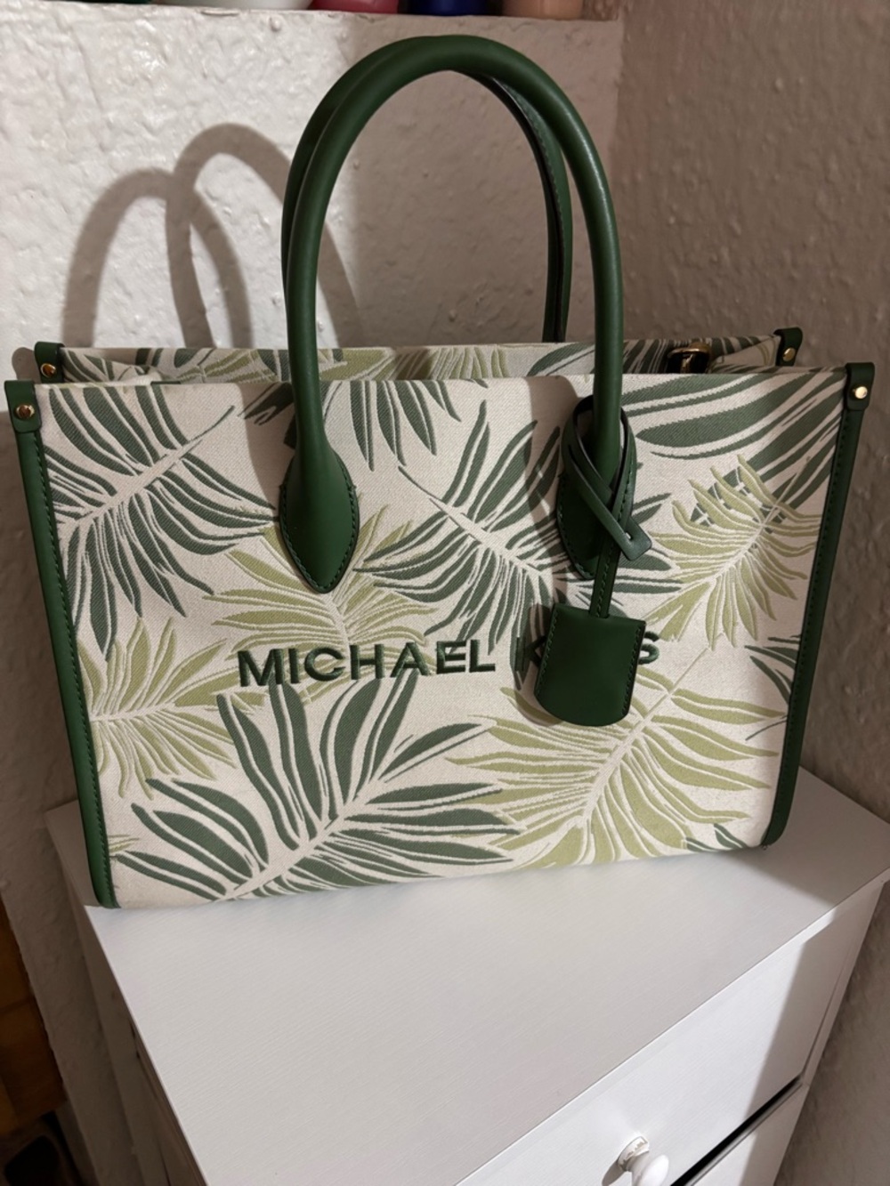 Michael Kors Green Palm-Print Canvas Tote
